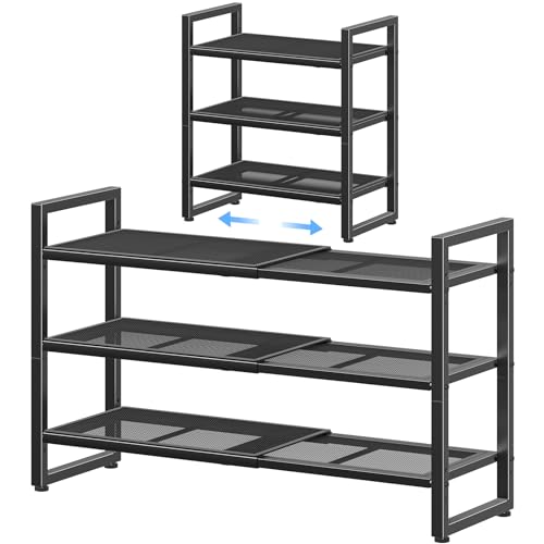 Simple Trending 3-Tier Expandable Shoe Rack, Adjustable & Stackable Shoe Organizer, Metal Mesh Free Standing Shoe Shelf Storage for Closet Entryway Doorway, Black