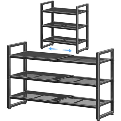 Simple Trending 3-Tier Expandable Shoe Rack, Adjustable & Stackable Shoe Organizer, Metal Mesh Free Standing Shoe Shelf Storage for Closet Entryway Doorway, Black