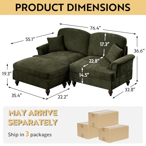 Modular Loveseat Sofa Couch, 2 Seat Comfy Chenille Sofa with Removable Ruffled Skirt, Flared Armrests, Sturdy Legs, Convertible Sectional for Living Room, Bedroom, Apartment (Green) - color: Green, size: 76.4 Inch L