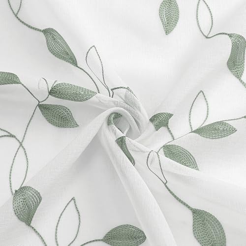 Tollpiz Sage Green Leaf Sheer Tier Curtains Leaves Embroidered Kitchen Short Curtain Rod Pocket Voile Bathroom Curtains for Cafe, 30 x 24 inches Long, Set of 2 Panels | Short Curtain Leaves Embroidered Rod Pocket Voile Bathroom Window Treatment for Cafe,