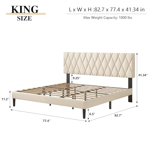 CXVX King Size Bed Frame with Diamond Tufted Headboard, Velvet Upholstered Platform Bed and Wooden Slat Support, Noise-Free, No Box Spring Needed, Easy Assembly, Beige - color: Beige, size: King