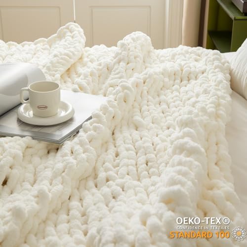 WESHIONGOO Chunky Knit Throw Blanket 51"×63" Cream White | Knitted Throw blankets for Couch Bed Fluffy Soft Blanket With Jumbo Chenille Yarn Thick 100% Handmade - color: Cream White, size: 51"x63"(Large Size Throw)