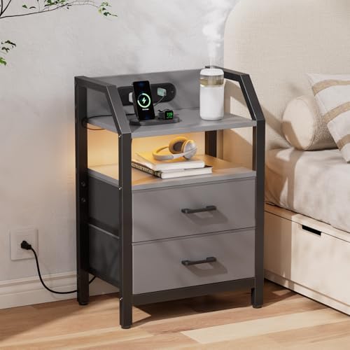 HLDIRECT Nightstand with Built-in Charging Station & Warm LED Light | 2 Fabric Drawers, FSC Wood, 66 lbs Capacity, 18.1"W x 11.5"D x 26"H, Adjustable Feet, for Bedroom, Dorm, Grey - color: Grey, size: 2 Drawers