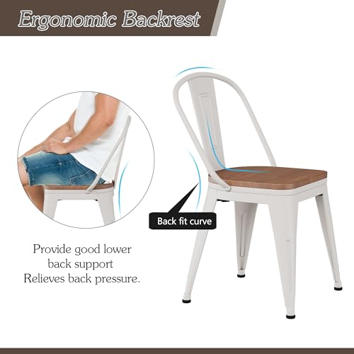 Alunaune 18inch Metal Dining Chair Set of 4 High Back Classic Chic Iron Farmhouse Chairs Industrial Stackable Coffee Stools Bistro Cafe Side Barstools Wood Seat-White - color: Cream White