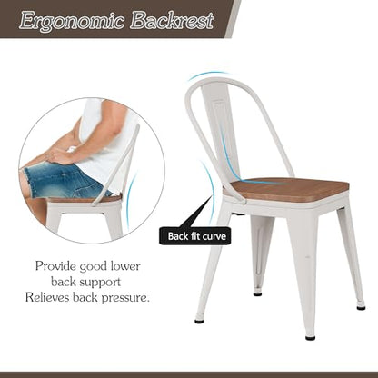 Alunaune 18inch Metal Dining Chair Set of 4 High Back Classic Chic Iron Farmhouse Chairs Industrial Stackable Coffee Stools Bistro Cafe Side Barstools Wood Seat-White - color: Cream White