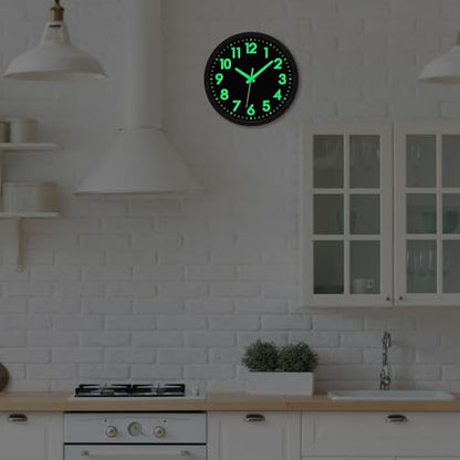 Glow in the Dark Wall Clock with Silent Lumious Night Light 12 in | Wall Clock Battery Operated, Lighted up, Easy to Read, Large Display,Analog Clock, for Bedroom Kitchen Living Room - color: All-black
