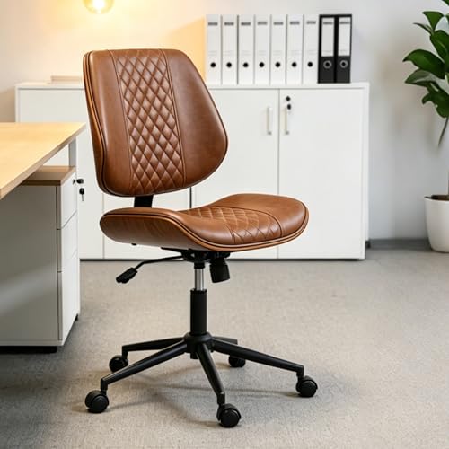 Modern Walnut Home Office Chair, Executive Desk Chair No Arms Brown | with Wheels, Adjustable Height, Comfy PU, Deeper Cushion, Mid Back, 360 Swivel Computer Chair - color: Brown