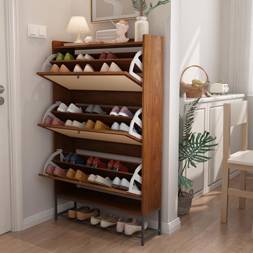 Narrow Shoe Storage Cabinet with 3 Flip Drawers, Freestanding Wooden Closed Shoe Rack, Slim Cabinet Storage for Entryway, Hallway, Living Room (Walnut) - color: Walnut, size: 3 Drawers Standard