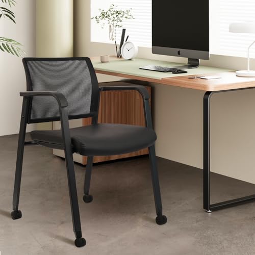 CLATINA Stacking Office Chair with Wheels, Mesh Back Waiting Room Guest Chairs with Arms Comfortable Leather Cushion Stackable Desk Chair for Conference Reception School Side Stationary, Black - color: Withwheels Black Leather, size: 1 pack