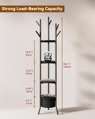 YMYNY Coat Rack, Freestanding Coat Stand with Storage Shelves, Hall Trees with 3 Wooden Shelves and 1 Fabric Basket, Metal Clothes Stand for Hats Bags Hallway Bedroom Black UHGR005B - color: Black
