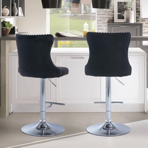 Velvet Bar Stool Set of 2, Adjustable Swivel Bar Stools with Silver Plated Metal Leg, Button Tufted, Footrest, Chrome Nailhead, Counter Height Chair for Kitchen, Bar, Dining Room (Black) - color: Black-silver Leg, size: Set of 2