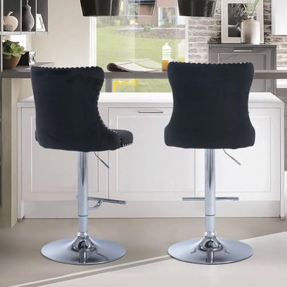 Velvet Bar Stool Set of 2, Adjustable Swivel Bar Stools with Silver Plated Metal Leg, Button Tufted, Footrest, Chrome Nailhead, Counter Height Chair for Kitchen, Bar, Dining Room (Black) - color: Black-silver Leg, size: Set of 2