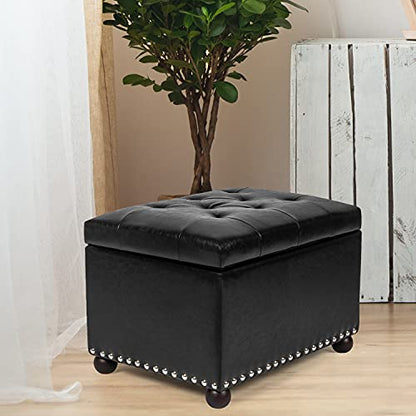 Leather Storage Ottoman, 24" Rectangle Tufted Foot Rest Stool, for Living Room Bedroom, Midnight Black - color: Midnight Black