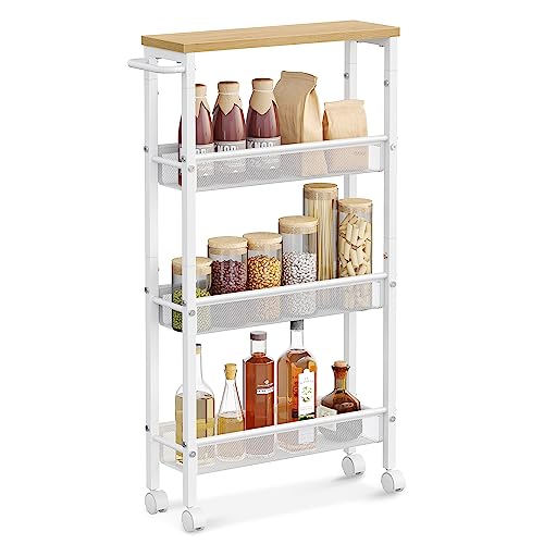 VASAGLE Slim Rolling Cart, 4-Tier Storage Cart, Narrow Cart with Handle, 5.1 Inches Deep, Metal Frame, for Kitchen, Dining Room, Living Room, Home Office, Oak Beige and Classic White ULRC032W09 - color: Oak Beige + Classic White, size: 4 Tiers (5.1"D x 30