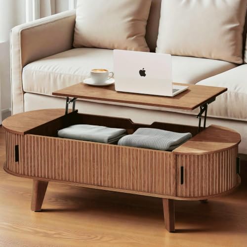 Oval Lift Top Coffee Table with Storage, 47.2" Mid Century Modern Living Room Center Table with 180° Sliding Tambour Door, Wood Fluted Coffee Table for Home Office, Walnut - color: Walnut-oval (Sliding Door)