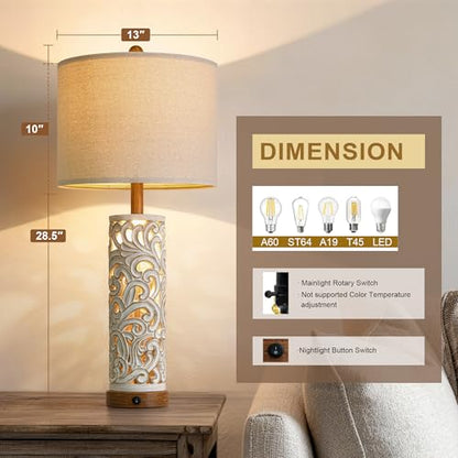 2-in-1 Light Table Lamp Set of 2 for Living Room, 28.5" Farmhouse Bedside Lamps with USB Charging Port, Main&Night Light & Dual Switches, Nightstand Lamp for Bedroom Home Office(Bulb Included) - color: Washed White and Brown