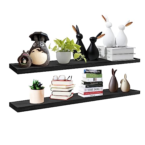 SAUMONIERES Floating Wall Shelves for Bedroom Bathroom Wall Mounted Solid Wood 36 Inches Long Shelf Set of 2, Black Floating Shelves - color: Black, size: 36 Inch-2 shelves