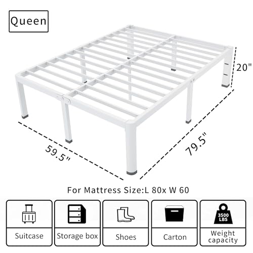 ROIL 20 Inch White Queen Bed Frame with Rounded Corner & 4 Mattress Baffles | Easy Assembly, Noise Free, 3500LBS Load Capacity, No Box Spring Needed, 18.4" Storage Space, Headboard Hole, Heavy Duty Steel - size: Queen, style: 20 Inch White