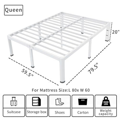 ROIL 20 Inch White Queen Bed Frame with Rounded Corner & 4 Mattress Baffles | Easy Assembly, Noise Free, 3500LBS Load Capacity, No Box Spring Needed, 18.4" Storage Space, Headboard Hole, Heavy Duty Steel - size: Queen, style: 20 Inch White