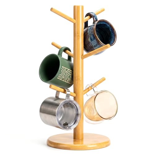 Bamboo Coffee Mug Tree with 6 Hooks, Coffee Cup Holder for Countertop | Decorative Bamboo Mug Holder with 6 Hooks, Non-Slip Wooden Base, Easy-Access Mug Rack for Kitchen Coffee Bars Kitchen - color: Natural