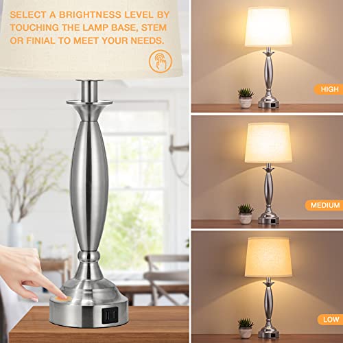 Bedroom Lamps for Nightstand, 3 Way Dimmable Silver Bedside Lamps with USB | Touch, USB C+A Ports, Bulb Included, Beige Shade, Silver, Chrome, Bed Side lamps for Night Stands, Living Room - color: C. Beige Shade and Nickel Base, size: 22.5in Touch Control