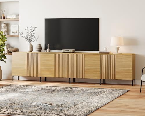 WAMPAT 4 in 1 Modern TV Stand TVs up to 120 inches, Fluted 126" W Entertainment Center with 8 Doors Storage and Adjustable Shelves, Wood Media TV Consoles Table with Storage for Living Room, Oak - color: Oak, size: 126" W