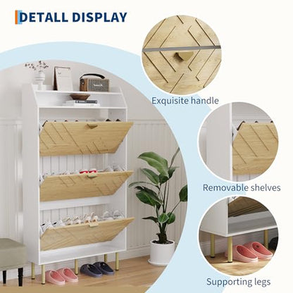 Garvee Shoe Cabinet with 3 Flip Drawers, Hidden Shoe Storage Cabinet with Shelf, Slim Wood Shoe Organizer for Hallway and Entryway, White