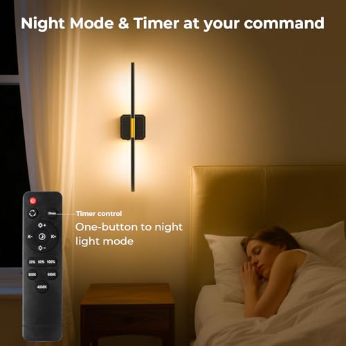 GvvooHome Battery Operated Wall Sconce Detachable 360°Rotate, Wireless Wall Lamp 3000-6500K Dimmable, 10000mAh Rechargeable Wall Light for Bedroom, Living Room，28" Black Gold（4 Pack | Rechargeable Wall Light 3000-6500K with Remote Control 10000mAh for Bed
