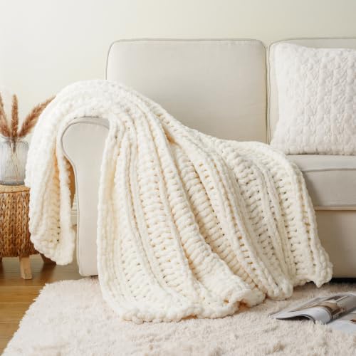 Battilo Chunky Knit Throw Blanket for Couch, 50"x60", White Cream | Hand Knit with Chunky Yarn, Super Soft Chenille Throw Blanket, Cozy Blanket, Farmhouse Throw Blanket for Living Room - color: Cream White