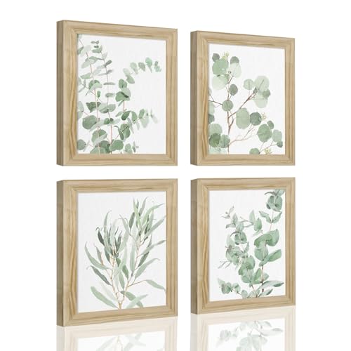 Botanical Plant Wall Art Prints: Sage Green Eucalyptus Picture Decor 4 Piece Framed Boho Leaves Poster for Bathroom Bedroom Living Room Home Decoration 8" x 10"
