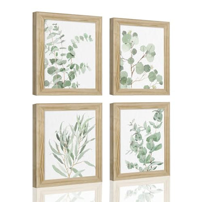 Botanical Plant Wall Art Prints: Sage Green Eucalyptus Picture Decor 4 Piece Framed Boho Leaves Poster for Bathroom Bedroom Living Room Home Decoration 8" x 10"