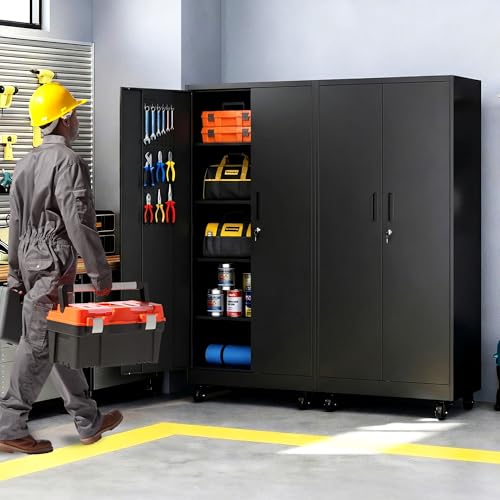 Rolling Tool Cabinet with Pegboard, 71" Tool Cabinets with 4 Adjustable Shelves for Garage, Tool Room, Assembly Required(Black) - color: Black, size: 71''H-2 Doors & 4 Shelf