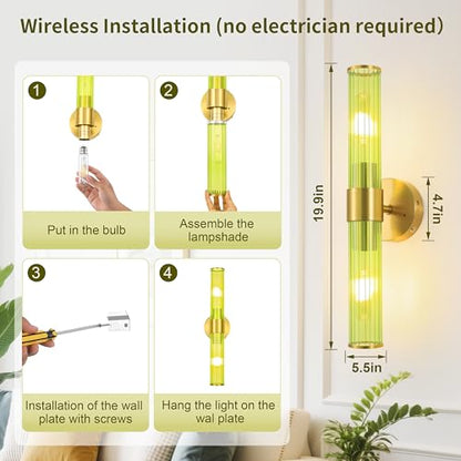 Morauroral Gold Battery Operated Wall Sconces Set of 2, Rechargeable Wall Lights with Remote Control, 20 Inch Modern Wireless Wall Lamp for Bedroom, Living Room with Green Shade (Bulbs Included) - color: Gold （Green Glass）