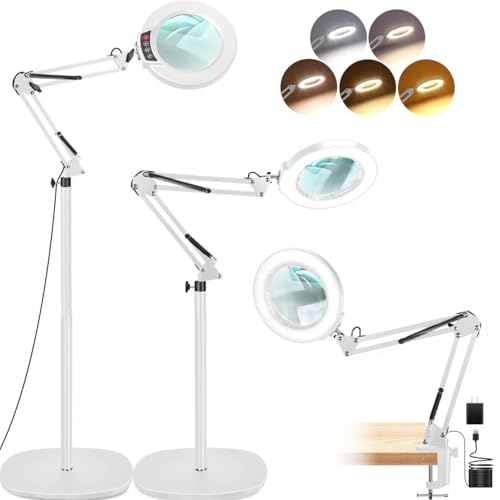 LANCOSC 15X Magnifying Glass with Light and Stand, 3-in-1 Adjustable Swing Floor Lamp, 5 Color Modes Stepless Dimmable, LED Lighted Hands Free Magnifier & Clamp for Reading, Crafts, Painting - White - color: White