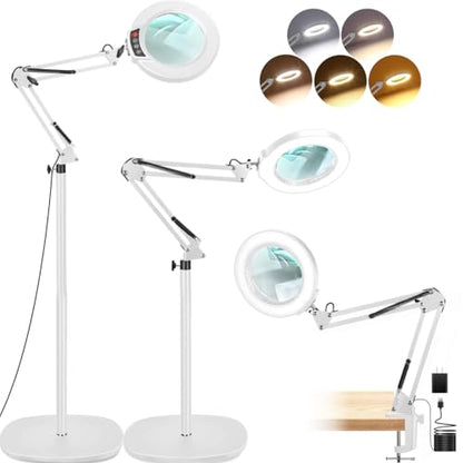 LANCOSC 15X Magnifying Glass with Light and Stand, 3-in-1 Adjustable Swing Floor Lamp, 5 Color Modes Stepless Dimmable, LED Lighted Hands Free Magnifier & Clamp for Reading, Crafts, Painting - White - color: White
