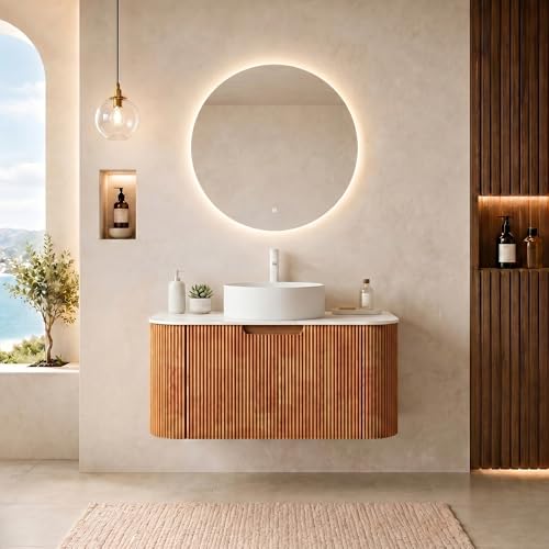 30” Floating Bathroom Vanity with Sink, Fluted Wall-Mounted Solid Wood Cabinet, White Ceramic Round Basin, Faux Marble Top, Soft-Close Drawer, Pre-Assembled, Natural Woodgrain - color: 02 - Natural Woodgrain, size: 30"