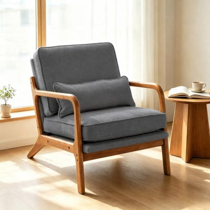 Karl home Mid-Century Modern Accent Reading Chair, Grey | Linen Upholstered, Solid Wood Frame, Soft Cushion, Lumbar Pillow, Lounge Armchair for Living Room, Bedroom, Balcony, Study - color: Linen Gray
