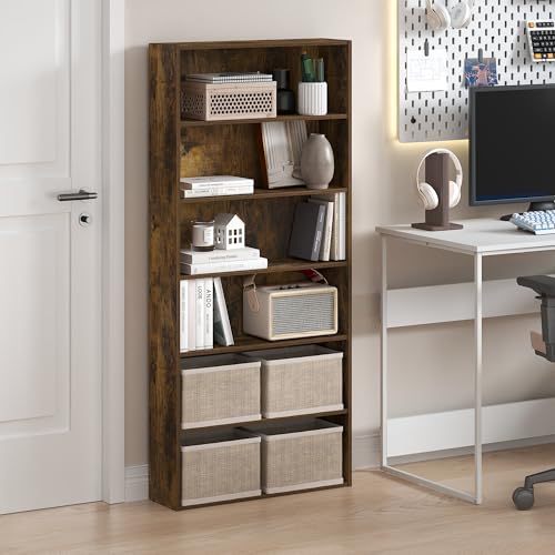 Furinno Basic Book Shelf, 6-Tier Bookcase with Open Shelf, Bookshelf, Cube Storage Organizer, 7 x 24 x 53, for Living Room, Bedroom, Home Office, Amber Pine - color: Amber Pine, size: 6-Tier, 7 x 24 x 53