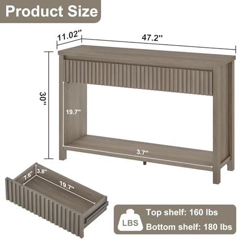 Console Table with Storage, 47In Entryway Table with Drawers, Grey Couch Tables Behind Sofa, Narrow Sofa Tables with 2-Tier Shelf for Living Room, Hallway, Front Door, Greige Oak - color: Greige Oak