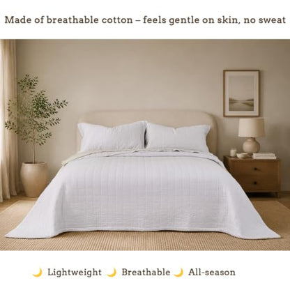 Pre-Washed Cotton King Size Quilt Set 98x106 Waffle Textured | Lightweight Breathable Bedspread Coverlet,All Season Bedding Set,Fits King & Cal King，with 2 Pillow Shams Cream - color: White, size: King-98x106