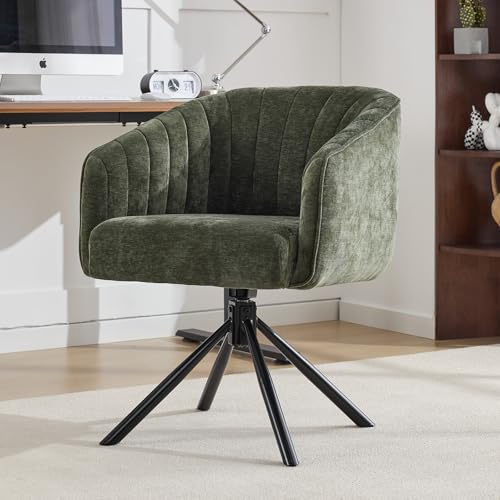 Swivel Desk Chair No Wheels Modern Upholstered Vanity Chairs Stationary | Comfy Dining Chairs with Mid Back Computer Task Chair Swivel Accent Arm-Chair for Home Office/Vanity/Bedroom, Green - color: Green