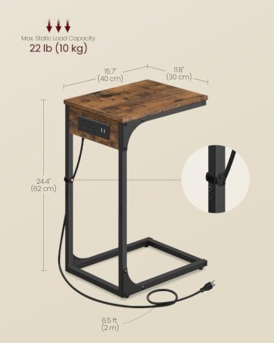 VASAGLE C-Shaped Side Table with Charging Station, 2 USB Ports and Outlets | End Table, C Table for Couch, Sofa, Adjustable Feet, for Bedroom, Living Room, Rustic Brown, BARNET Collection ULET362K01 - color: Rustic Brown + Ink Black