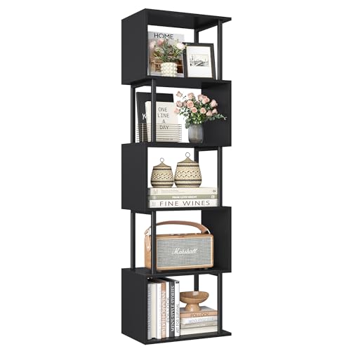 Yusong Bookshelf 5-Tier, Geometric Bookcase S Shaped Book Shelves for Bedroom, Modern Wood Decorative Display Shelf Corner for Home Office, Black and Black - color: Black and Black, size: 15"W x 9.5"D x 58.1"H