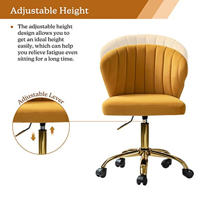 TINA'S HOME Office Desk Chairs with Wheels & Gold Base, Modern Velvet Cute Armless Office Chair, Adjustable Low Back Swivel Rolling Chair, Upholstered Task Chair for Living Room Vanity Study-Mustard | Modern Velvet Cute Armless Office Chair, Adjustable Lo