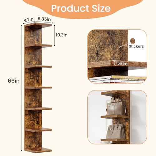 upsimples 7-Tier Floating Wall Shelf, Brown Vertical Vanity Decor Shelves | Wall Display for Bag, Purfume, Shoes, Books, Storage Shelves for Bedroom, Living Room, Home Decor - color: Brown, size: 7 Tier