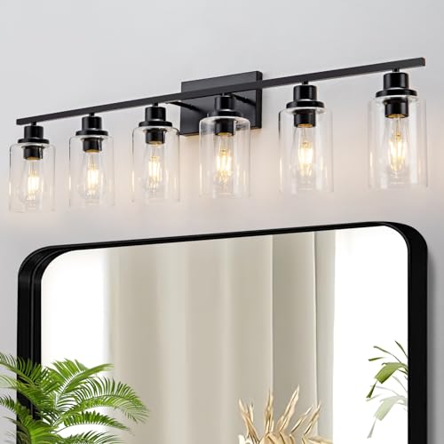 6 Light Bathroom Light Fixtures Black Vanity Light Over Mirror Modern Farmhouse Wall Lighting Sconces Wall Lamp for Bathroom, Bedroom, Living Room E26 Socket with Glass Shade - color: Black, size: 6 Light