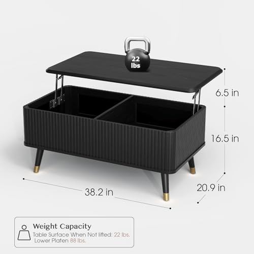 JOINICE Black Lift Top Coffee Table with Storage for Living Room,38" | Fluted Rectangle Center Table with Wooden Legs,Large Hidden Storage,Natural Boho Style,Lifts to 23",Holds 88lbs,Easy Assembly - color: Black_rectangle