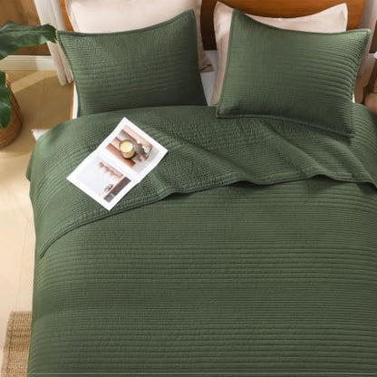 100% Cotton Queen Green Quilt Set, Striped Quilted Bedspread | Soft Lightweight Bedspreads Coverlets Set with 2 Pillow Shams, All Season Use, Soild Bedding for Bedroom, Guest Room, 90"x96" - color: 와이드스티치-아미 그린, size: 퀸(90 x 96인치)