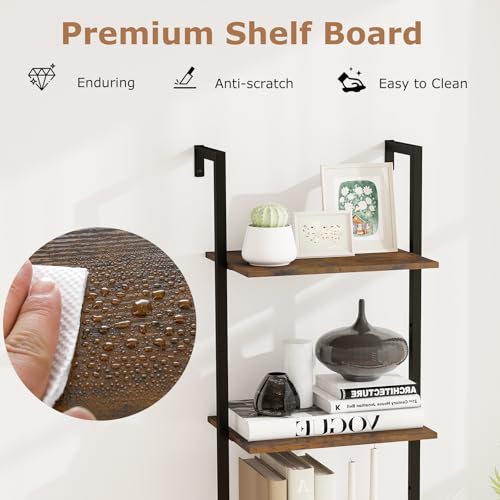 Tangkula 5-Tier Ladder Shelf, 70 Inch Wall-Mounted Open Bookshelf with Anti-Tipping Kits, Metal Frame, Industrial Display Rack Storage Vertical Bookcase for Living Room Home Office (2, Rustic Brown)