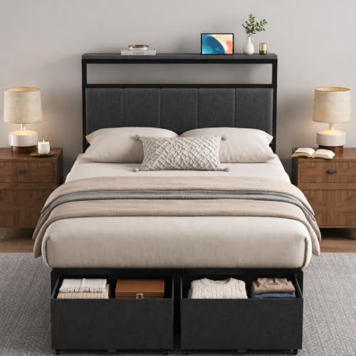 Twin Bed Frame, Upholstered Platform Bed with Storage Drawers, Headboard Storage Shelf, Noise Free, Metal Support, No Box Spring Needed, Easy Assembly, Gray